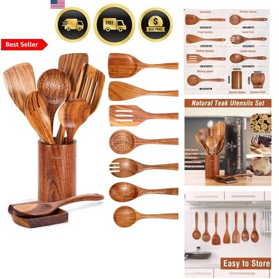 Wooden Kitchen Utensil Set 9 Pcs Natural Teak Cooking Tools with Holder