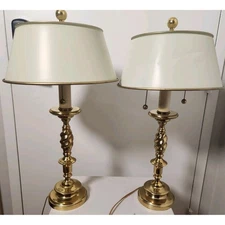 Pair Vintage Bombay Sunlit Toleware Lamps Spiral Brass Metal Shades Pull Strings