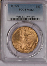 1910-S Gold St. Gaudens Double Eagle $20 PCGS MS63. Scarcer date.