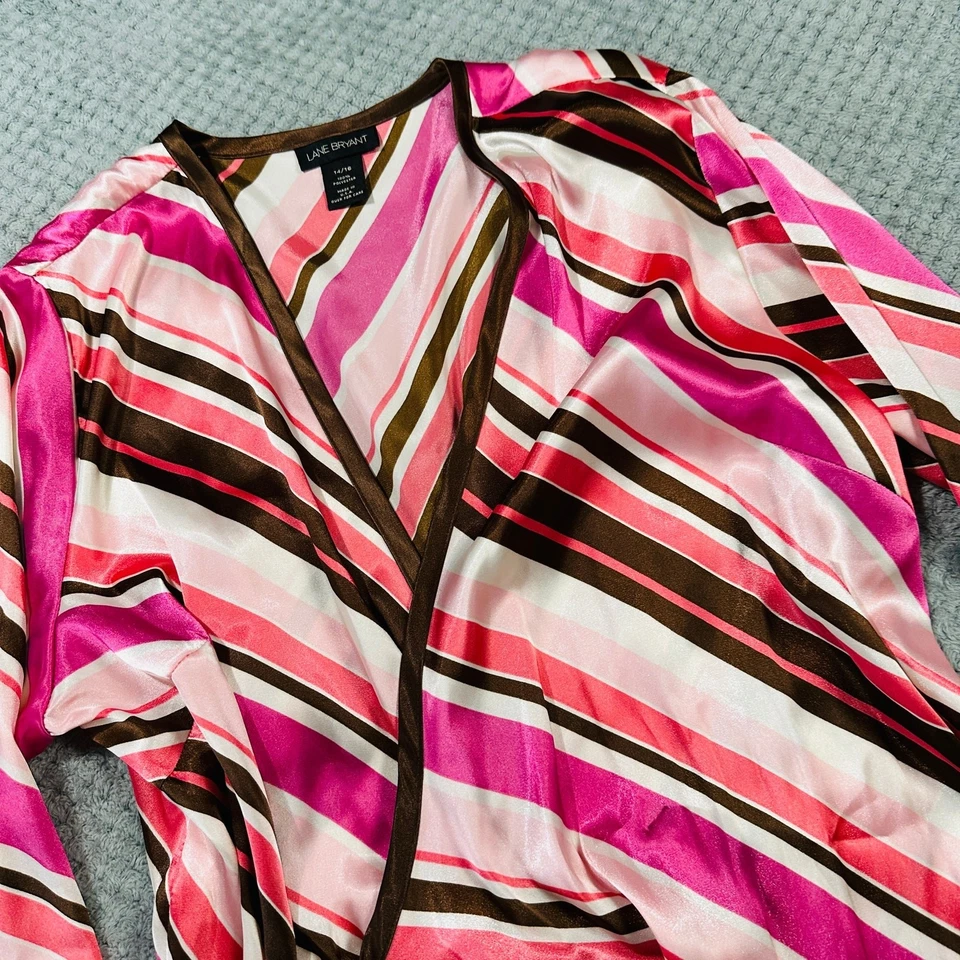 Blusa envolvente vintage retro Y2K rosa/marrón rayas sedosas manga larga LANE BRYANT  Foto 2 de 4
