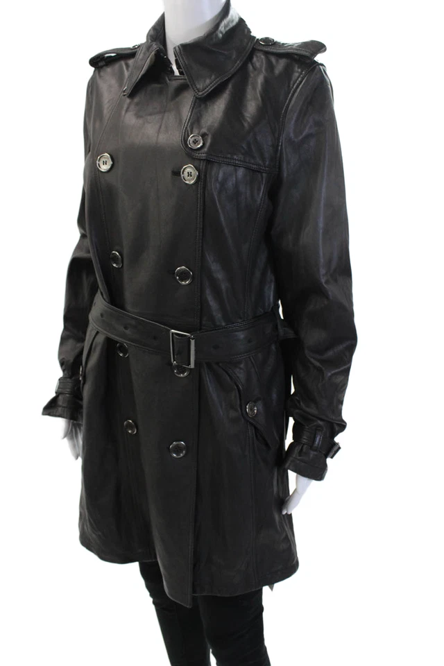 Burberry Brit Womens Trench Coat Black Lambskin Collared Long Sleeve Size 10 - Image 2 of 4