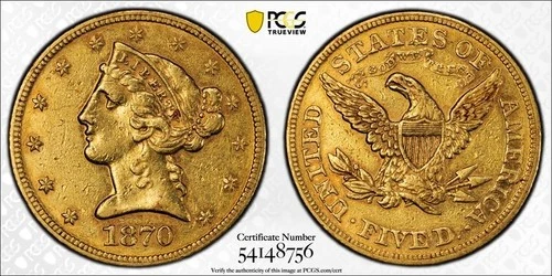 Photo of a 1870-P Liberty Half Eagle from an eBay listing that sold on Jan 3, 2026