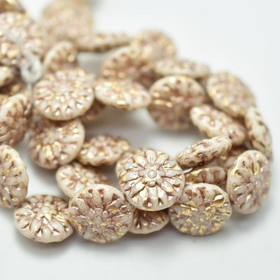 14mm Dahlia AB, Pale Salmon Gold and Beige Wash, 4 Beads Czech Glass