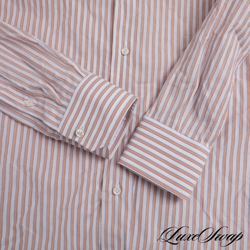 Isaia Napoli Made in Italy White Mango Blue Shadow Stripe Button Down Shirt 15.5 - Picture 5 of 5