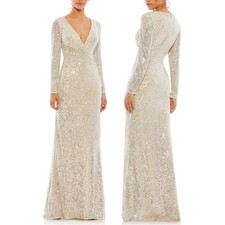 MAC DUGGAL Sequin Faux Wrap Long Sleeve Column Gown Size 2 Nude Silver 26574
