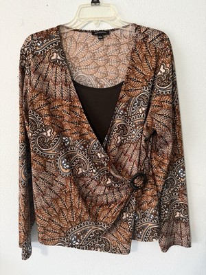 Notations Slinky Knit Faux Wrap Shirt Women Large Bright Browns Colorful Cinched