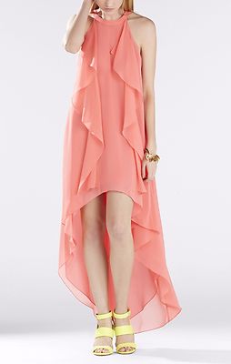 NEW BCBG PINK CORAL KELSIA CASCADE RUFFLE HALTER DRESS IQI66D43