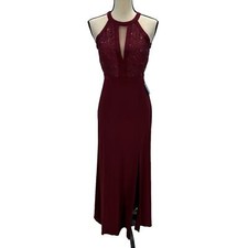 Nightway Sleeveless Halter Neck Sequin Lace Maxi Dress - Merlot Red - size 4P