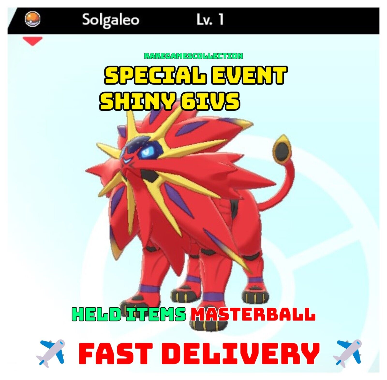 Pokemon Sword Shield ✨ SHINY ✨ 1 LEVEL SOLGALEO LEGENDARY 6IV FAST DELIVERY