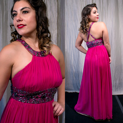 【海外限定】AdriannaPapell ドレス☆Pink llic Foil Long D Adrianna Papell Evening 2 Fuchsia Hot Pink Beaded Silk