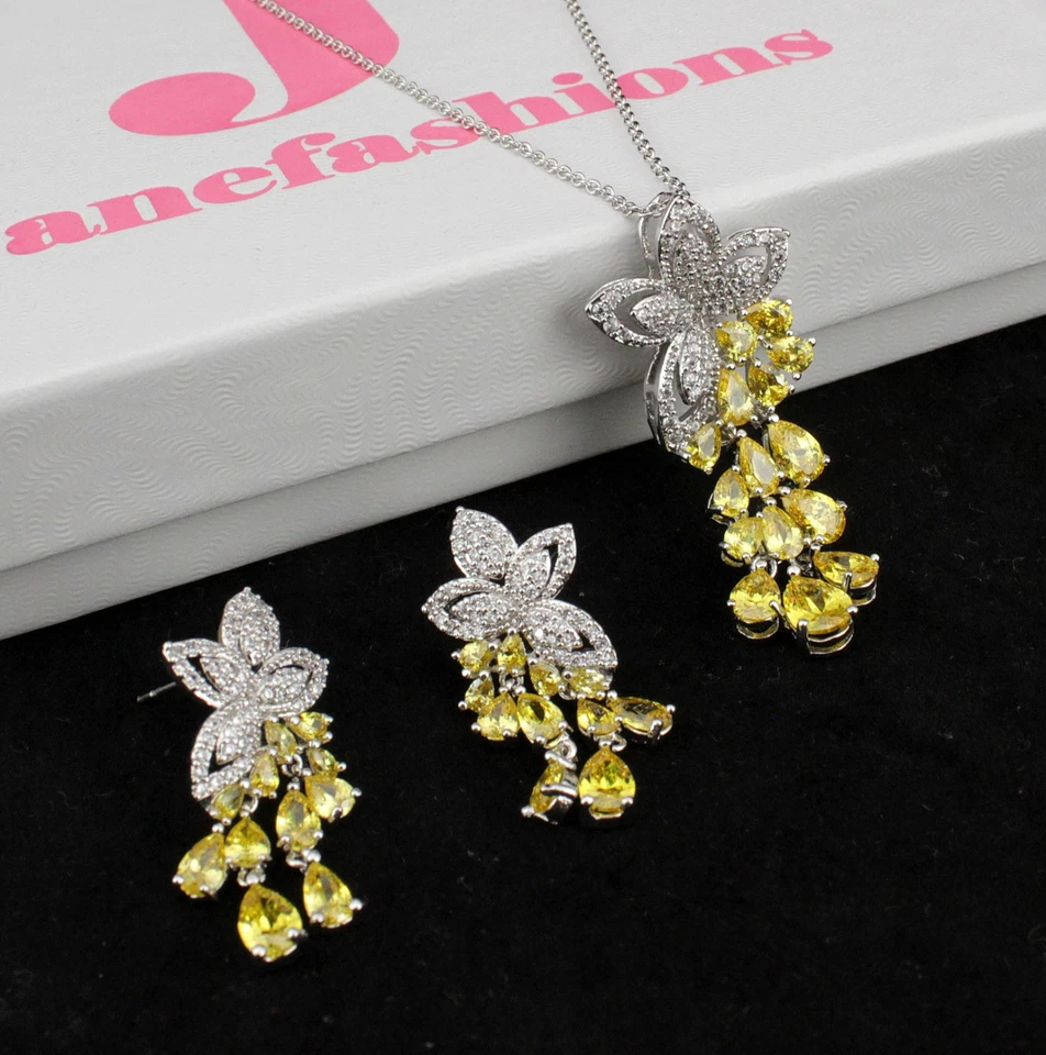 Conjunto de aretes collar de cristal de circonita cúbica circonita amarilla Daisy Drops boda CZ907 Foto 2 de 4