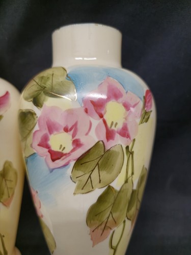 Pair Antique opaline glass vase hand painted flowers Cream Color Pink Flowers - Picture 13 of 24