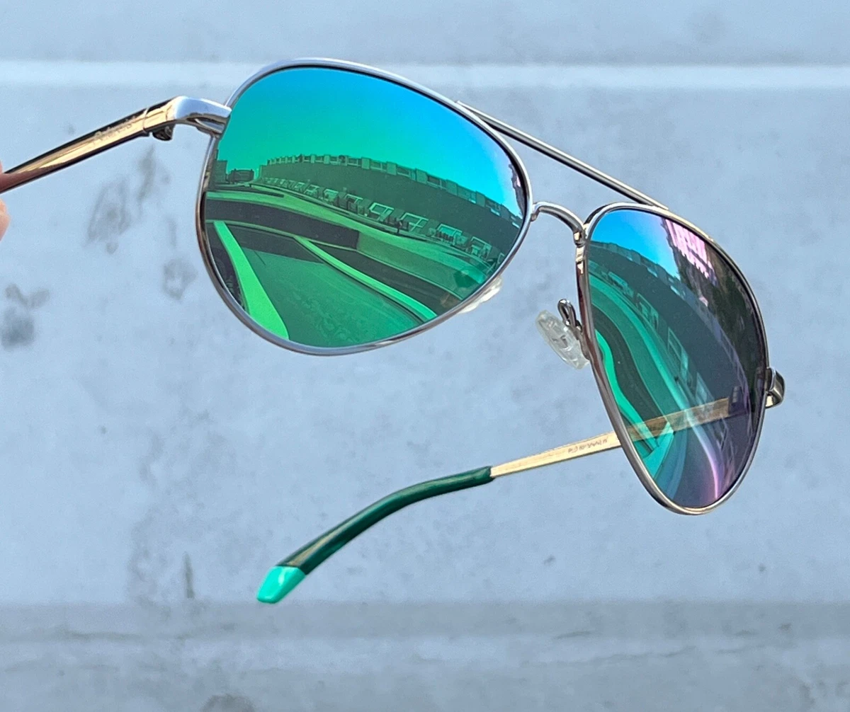 Green reflective sales aviator sunglasses