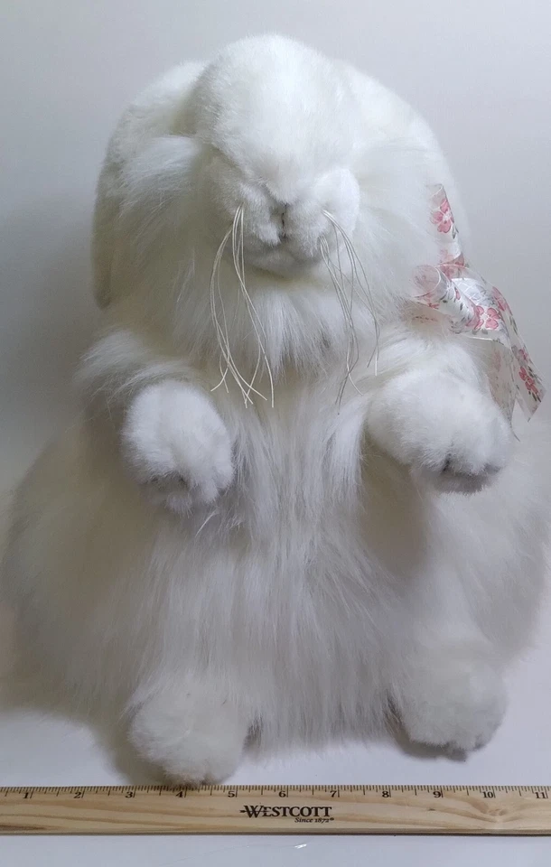 12" White Fluffy Bunny Rabbit Foral Pink Bow Sitting Upright Easter - Image 3 of 4