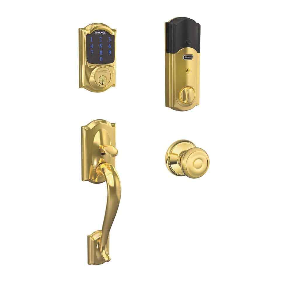 Smart Lock in Bright Brass with Alarm & Georgian Knob – Camelot