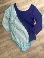 Rainbeau Dance Gymnastics Leotard Asymmetrical 3/4 Sleeve Blue Teal Mermaid