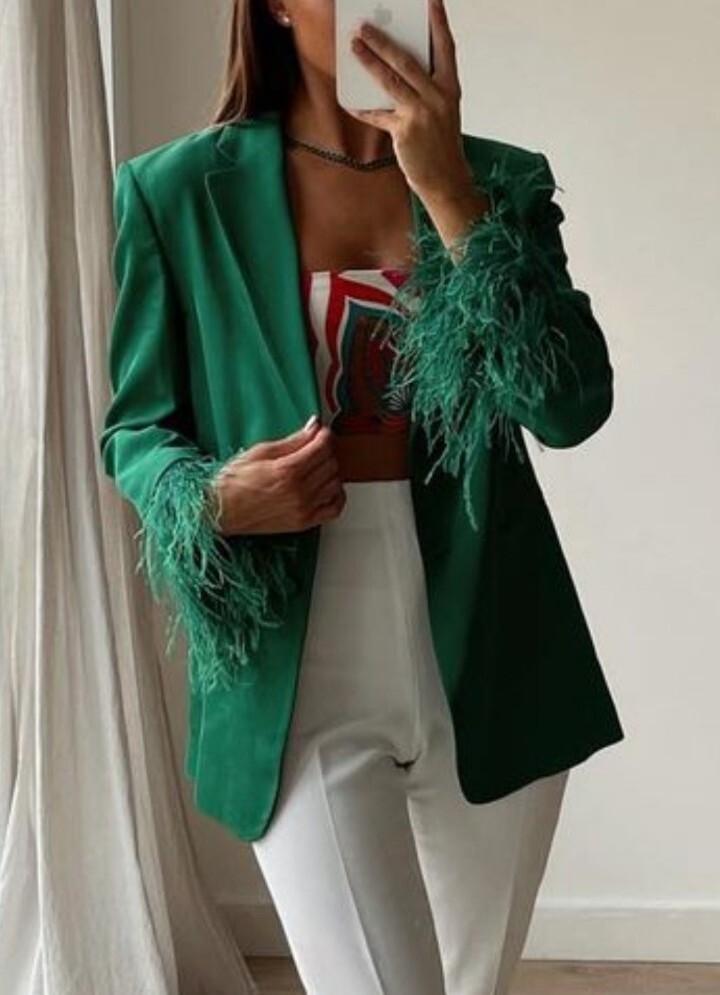 NEW ZARA AW22 GREEN STRAIGHT BLAZER WITH FEATHERS 8161/587 BLAZER PLUMAS VERDE