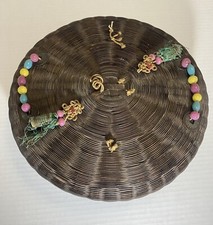 Antique Sewing Pine Needles WickerBasket/Lid W/ Tassel Coins & Beads Antique