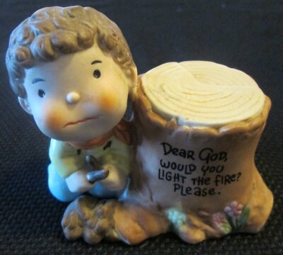 ENESCO DEAR GOD KIDS FIGURE ''WOULD YOU LIGHT THE FIRE PLEASE'' 82 BOY BY STUMP