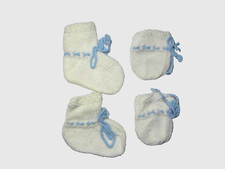 Handmade Crochet/Knit White and Blue Baby Booties and Mittens  New