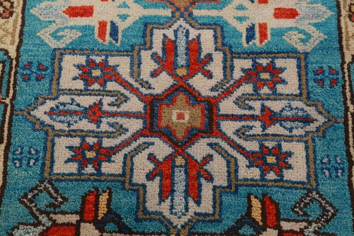 Auténtica alfombra kazaja hecha a mano diseño tradicional lana artesanía 3x8 pies - Imagen 9 de 16