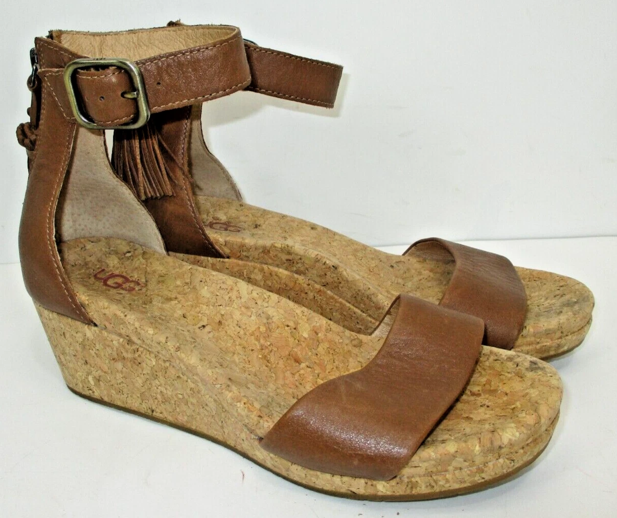 Sandalo posteriore UGG Australia Zoe marrone nappa punta aperta zeppa pelle cerniera taglia 8