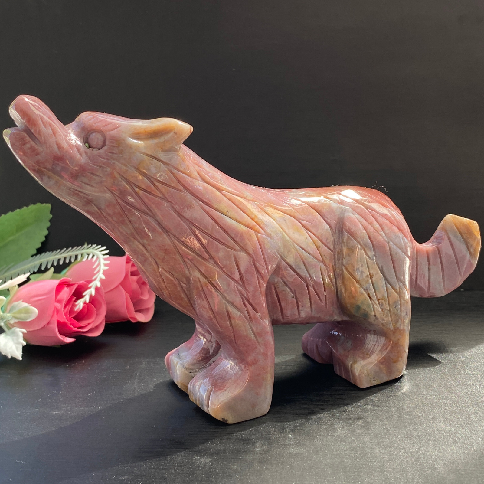 484G  Natural Ocean Jasper Carved wolf Skull Quartz Crystal Skull Sculpture