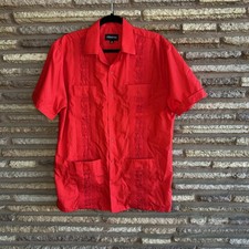 Allsense Men's Shirt Red Cuban Guayabera Wedding Short Sleeve Size Medium