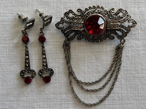 Vintage Brooch & Earring Set Victorian Style Red Ruby