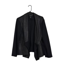 Style Co Faux Leather Mixed Media Draped Open Front Jacket Black Womens Large