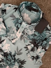 NEW G FORE Floral All Over Print Mens Medium Golf Tech Jersey Polo Blue