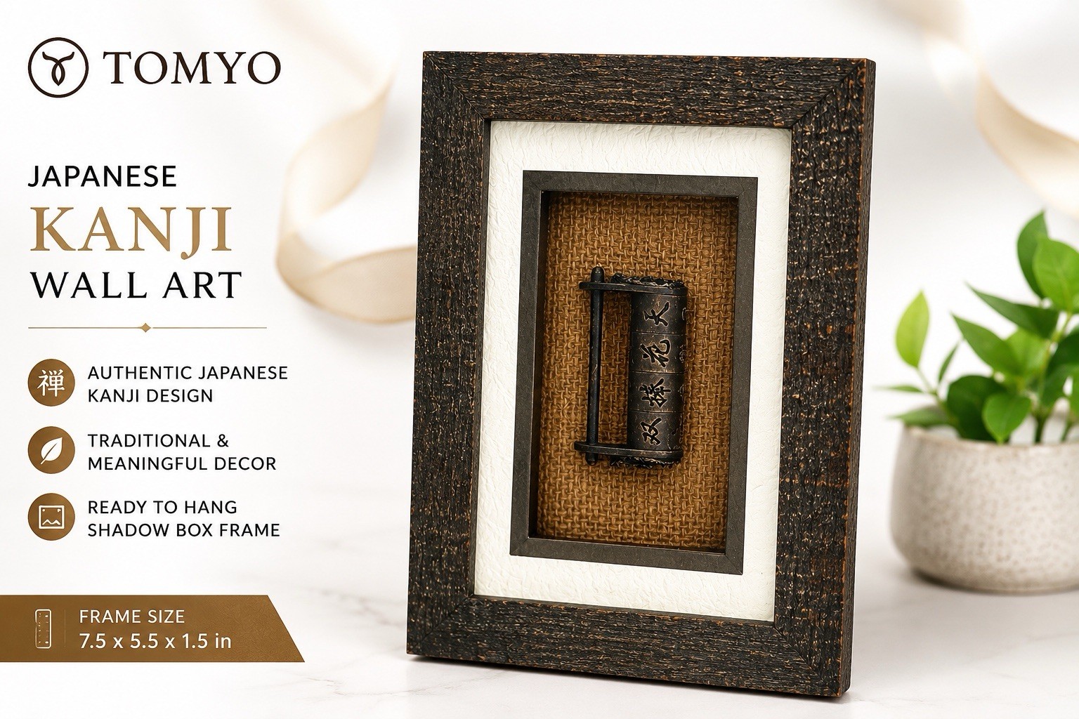 TOMYO Japanese Kanji Shadow Box Wall Art Framed Rustic Zen Home Decor