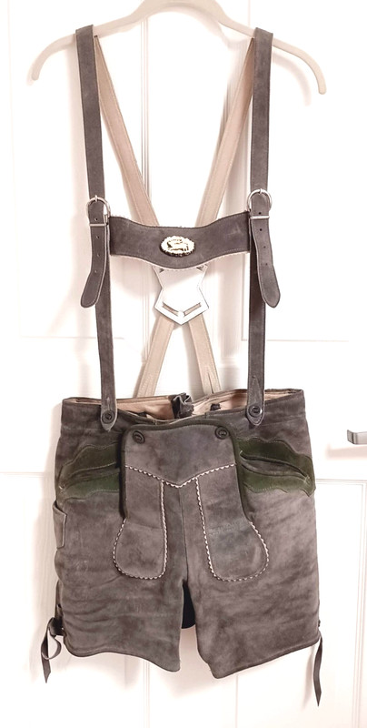 Lederhosen Men US Sz 32  Leather Suspenders Shorts Oktoberfest Outfit Gray Green