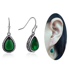 Emerald Green Dangle Drop Earrings Silver Teardrop Vintage 0.47 inches,