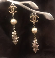 CHANEL Genuine Authentic Statement Earrings Long Leaves Golden Pearls & CC Logos