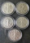 Lot of Five 50c Walking Liberty Silver Half Dollars in Capsules
