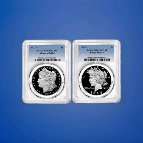 2023-S Proof $1 Morgan and Peace Silver Dollar 2pc Set PCGS PR69DCAM Blue Label