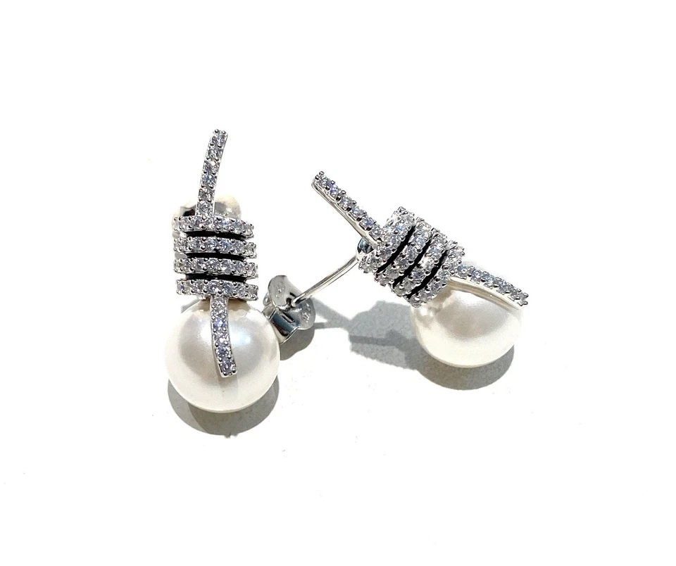 Orecchini Perle Zirconi a Spirale Argento Rodio Bianco Farfallina Made in Italy - Immagine 3 di 3