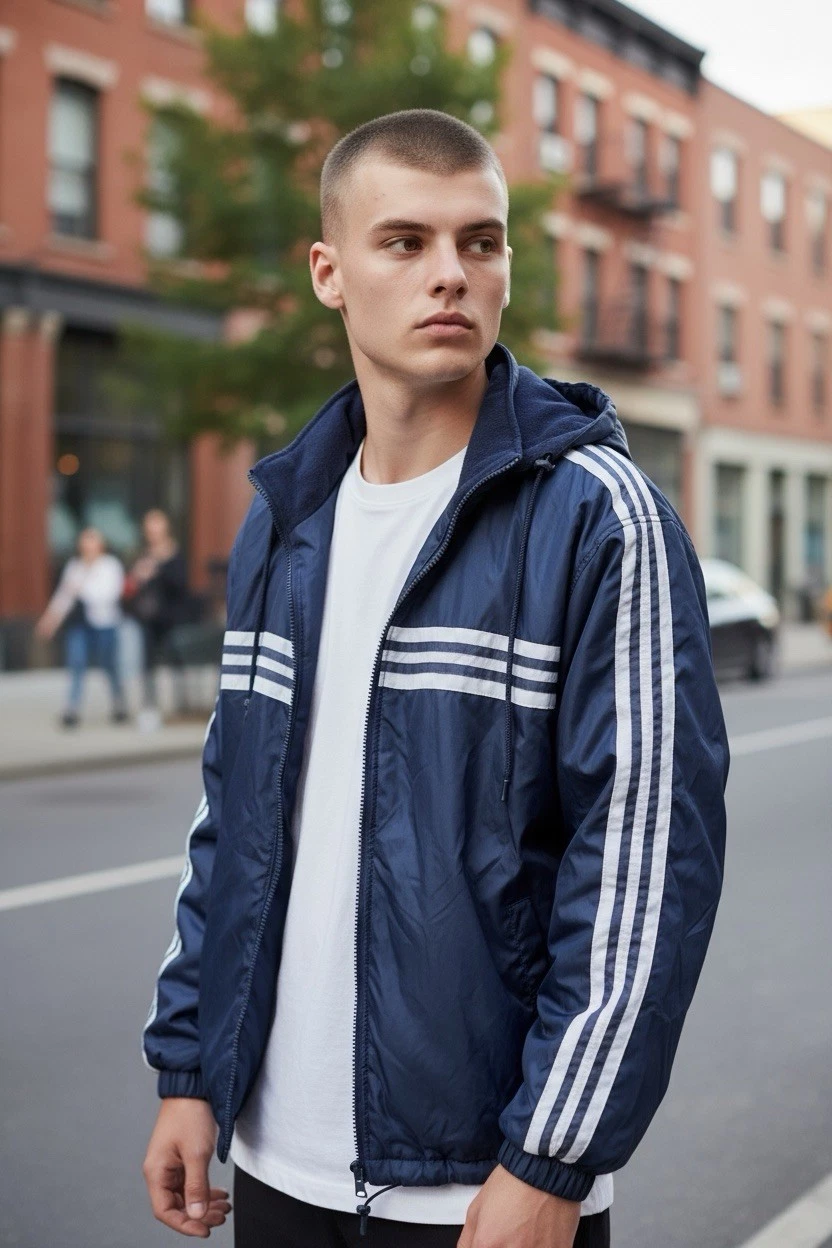 ZAM Industries Hooded Jacket Mens Medium Navy Full Zip Windbreaker Striped NWT