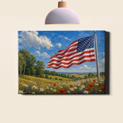American Flag Meadow Art Print Patriotic Landscape Rustic Americana