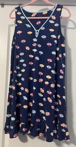 Cuddl Duds Chemise Women Lg Blue Cotton-Blend Sleeveless Umbrellas Scene
