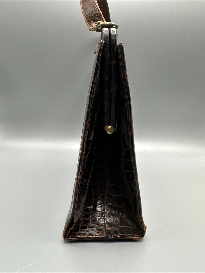Bolsa de mão designer vintage 1950 marrom jacaré couro interior MDT - Imagem 3 de 4