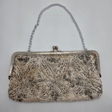 Vintage Walborg Beaded Evening Bag Purse Made in Hong Kong Ivory Silver Beaded
