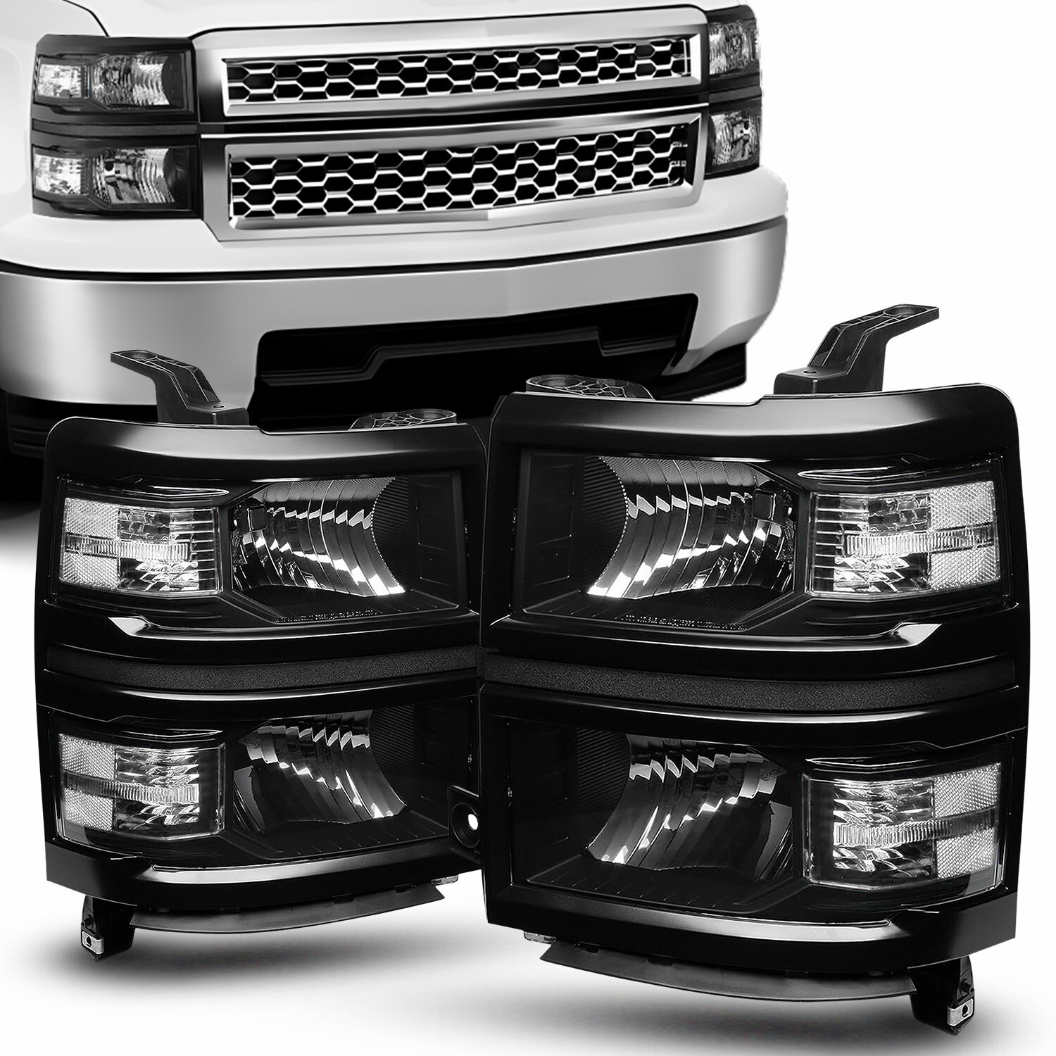 Black Clear Corner Headlights For 2014-2015 Chevrolet Silverado 1500 LH+RH Lamps