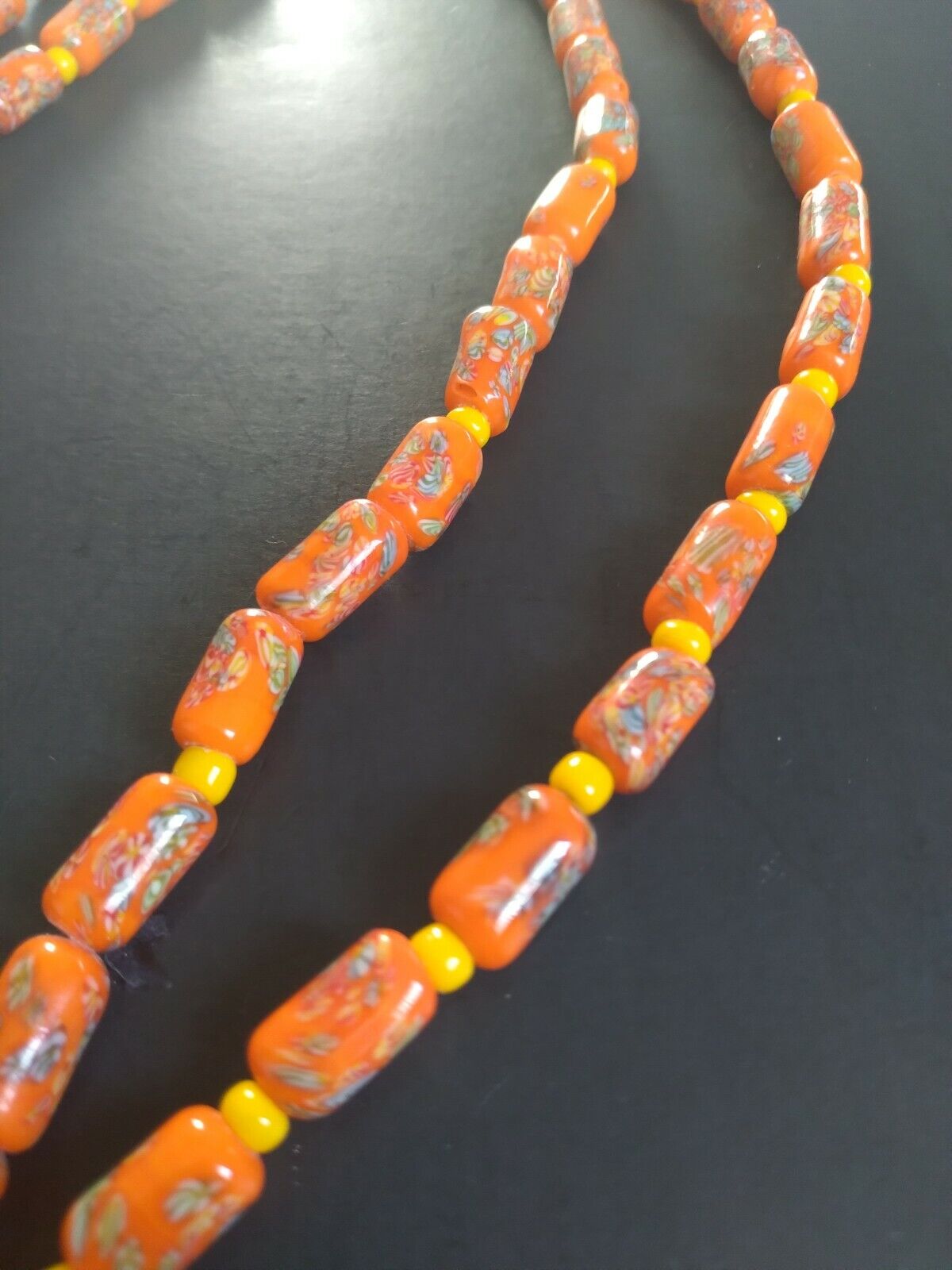 Orange Carnival Glass Bead Hand-Painted and Vinta… - image 3