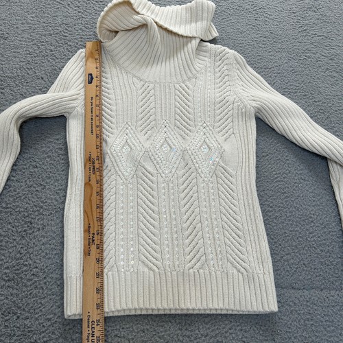 Talbots Chunky Knit Turtleneck Sweater Womens Medium Cream Wool Fisherman Y2K - Picture 7 of 10