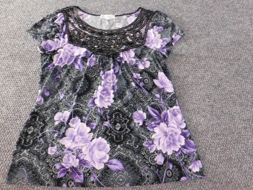 Blusa Dressbarn Mujer Mediana Púrpura Floral Jersey Top Elástico Costero Foto 2 de 4