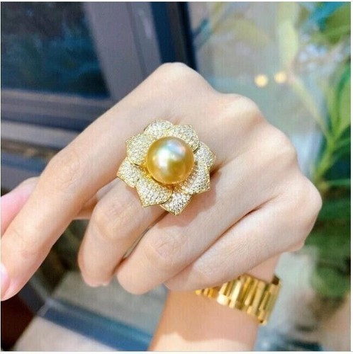 Gorgeous Huge AAA 12-13mm Genuine Natural South Sea Golden Stud Pearl Ring 925s - Picture 5 of 6