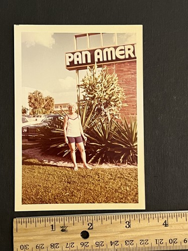 FOUND VINTAGE PHOTO PICTURE Woman Standing By A Pan American Sign - Picture 2 of 3