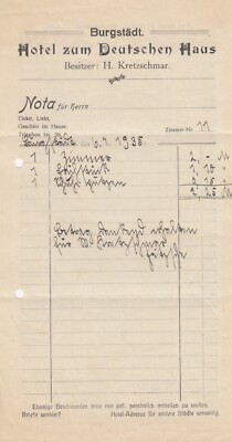 Burgstädt, invoice 1935, Hotel zum Deutschen Haus H. Kretschmar